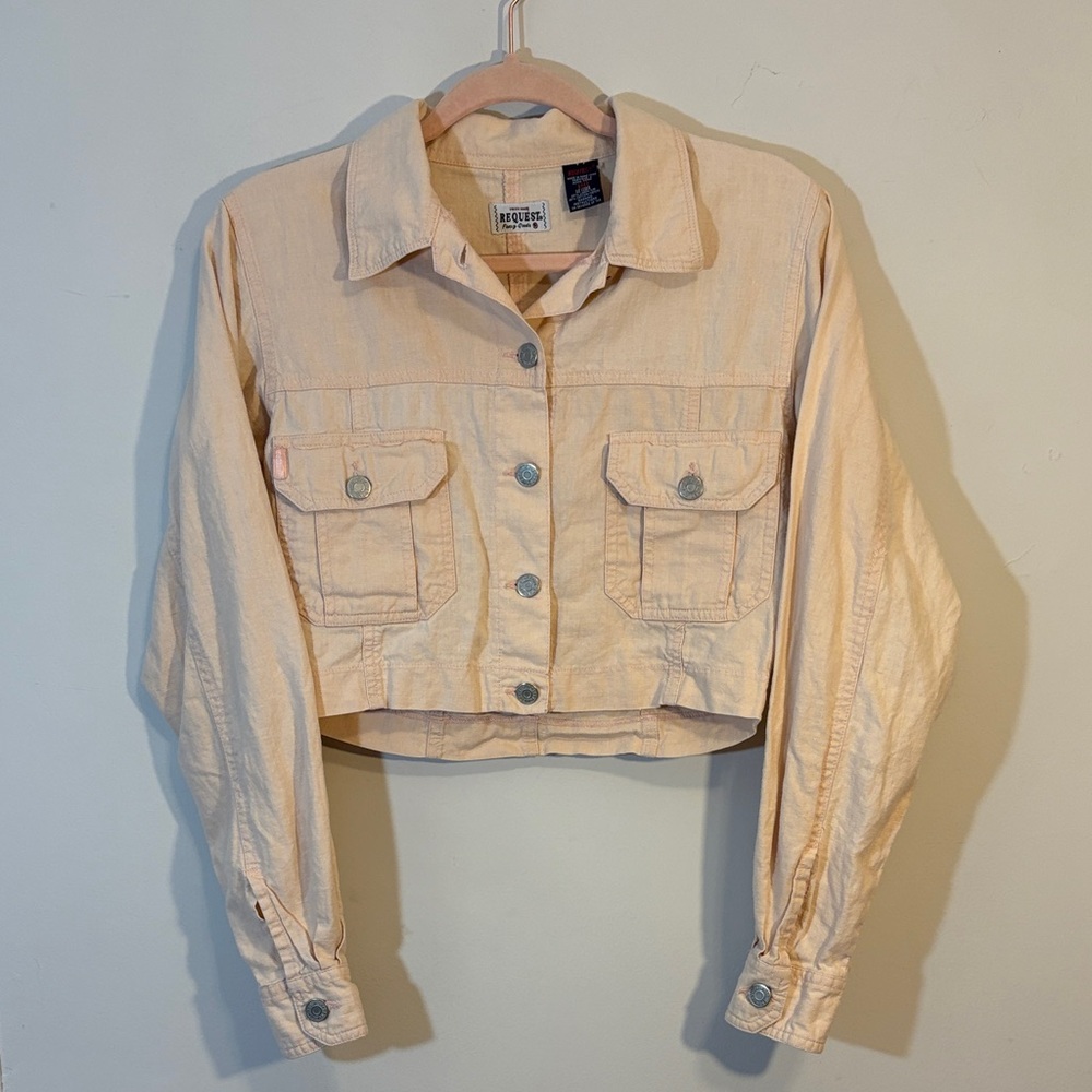 Vintage Pale Pink Linen/Cotton Blend Cropped “Denim” Style Jacket 90s/Y2K Medium